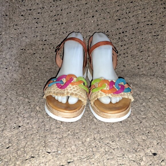 PORRONET-Leather/Raffia Wedge Sandals-Plastic Color Chain-Sz 39/8.5-Excellent - Picture 3 of 8